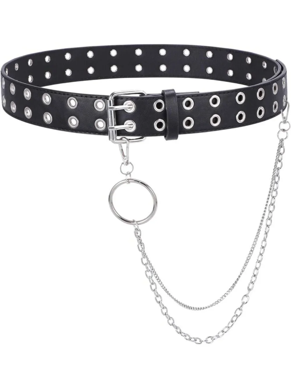 Vintage Punk Rock Double Grommet Belt for Women & Men - PU Leather, Chain Detail